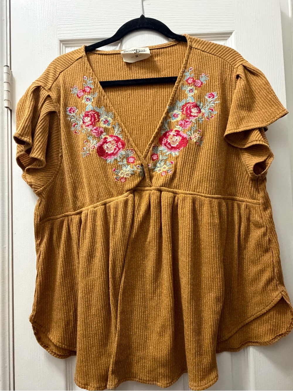 Savanna Jane Mustard Ribbed V-Neck Top with Pink Floral Embroidery